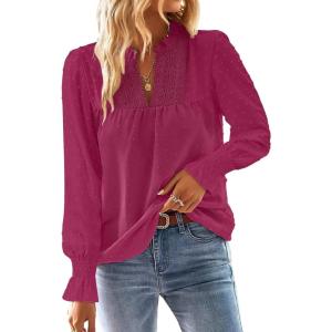 imageBoho Tops for Women V Neck Blouses Flowy Swiss Dot Dressy Casual Lace Womens Long Sleeve Shirts Trendy 2026Magenta