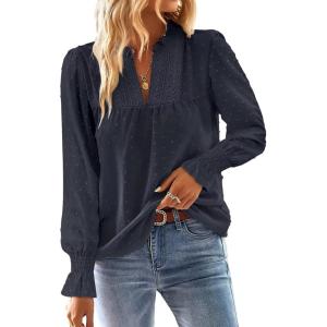 imageBoho Tops for Women V Neck Blouses Flowy Swiss Dot Dressy Casual Lace Womens Long Sleeve Shirts Trendy 2026Navy Blue
