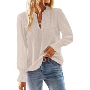 imageBoho Tops for Women V Neck Blouses Flowy Swiss Dot Dressy Casual Lace Womens Long Sleeve Shirts Trendy 2026Oatmeal