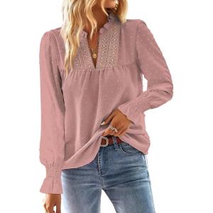 imageBoho Tops for Women V Neck Blouses Flowy Swiss Dot Dressy Casual Lace Womens Long Sleeve Shirts Trendy 2026Pink