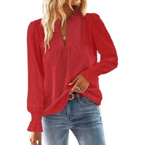 imageBoho Tops for Women V Neck Blouses Flowy Swiss Dot Dressy Casual Lace Womens Long Sleeve Shirts Trendy 2026Red
