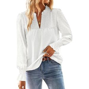 imageBoho Tops for Women V Neck Blouses Flowy Swiss Dot Dressy Casual Lace Womens Long Sleeve Shirts Trendy 2026White