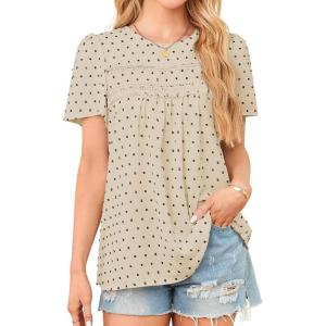 imageWomens Summer Tops Crewneck Short Sleeve Shirts Casual Chiffon Blouses Flowy Lace Hem Boho Clothing Trendy 2026Apricotblack Dots