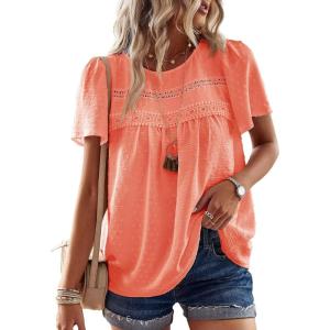 imageWomens Summer Tops Crewneck Short Sleeve Shirts Casual Chiffon Blouses Flowy Lace Hem Boho Clothing Trendy 2026Bright Orange