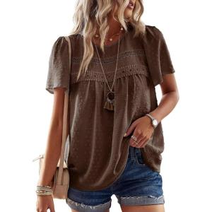 imageWomens Summer Tops Crewneck Short Sleeve Shirts Casual Chiffon Blouses Flowy Lace Hem Boho Clothing Trendy 2026Brown