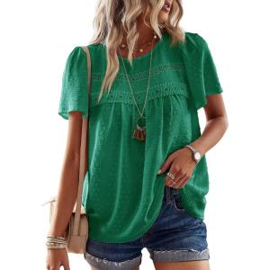 imageWomens Summer Tops Crewneck Short Sleeve Shirts Casual Chiffon Blouses Flowy Lace Hem Boho Clothing Trendy 2026Clover Green