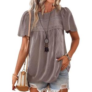 imageWomens Summer Tops Crewneck Short Sleeve Shirts Casual Chiffon Blouses Flowy Lace Hem Boho Clothing Trendy 2026Coffee