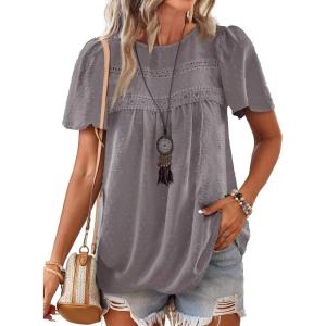 imageWomens Summer Tops Crewneck Short Sleeve Shirts Casual Chiffon Blouses Flowy Lace Hem Boho Clothing Trendy 2026Dark Grey