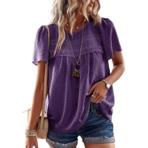 imageWomens Summer Tops Crewneck Short Sleeve Shirts Casual Chiffon Blouses Flowy Lace Hem Boho Clothing Trendy 2026Dark Purple