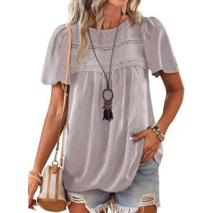 imageWomens Summer Tops Crewneck Short Sleeve Shirts Casual Chiffon Blouses Flowy Lace Hem Boho Clothing Trendy 2026Gray Beige