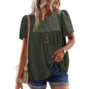 imageWomens Summer Tops Crewneck Short Sleeve Shirts Casual Chiffon Blouses Flowy Lace Hem Boho Clothing Trendy 2026Green