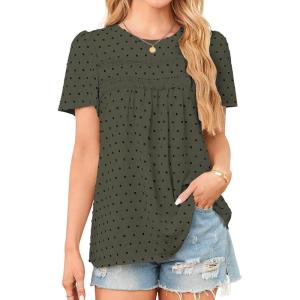 imageWomens Summer Tops Crewneck Short Sleeve Shirts Casual Chiffon Blouses Flowy Lace Hem Boho Clothing Trendy 2026Greenblack Dots