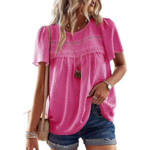 imageWomens Summer Tops Crewneck Short Sleeve Shirts Casual Chiffon Blouses Flowy Lace Hem Boho Clothing Trendy 2026Hot Pink
