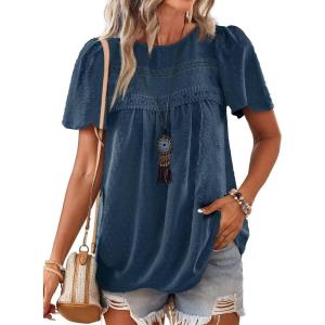 imageWomens Summer Tops Crewneck Short Sleeve Shirts Casual Chiffon Blouses Flowy Lace Hem Boho Clothing Trendy 2026Lake Blue