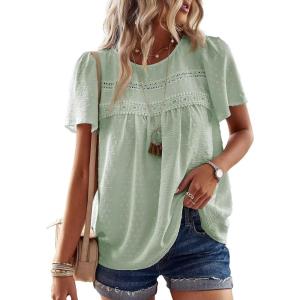 imageWomens Summer Tops Crewneck Short Sleeve Shirts Casual Chiffon Blouses Flowy Lace Hem Boho Clothing Trendy 2026Light Green