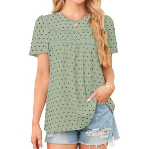 imageWomens Summer Tops Crewneck Short Sleeve Shirts Casual Chiffon Blouses Flowy Lace Hem Boho Clothing Trendy 2026Light Greenblack Dots