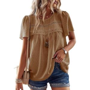 imageWomens Summer Tops Crewneck Short Sleeve Shirts Casual Chiffon Blouses Flowy Lace Hem Boho Clothing Trendy 2026Mocha