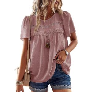 imageWomens Summer Tops Crewneck Short Sleeve Shirts Casual Chiffon Blouses Flowy Lace Hem Boho Clothing Trendy 2026Pink