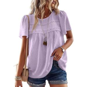 imageWomens Summer Tops Crewneck Short Sleeve Shirts Casual Chiffon Blouses Flowy Lace Hem Boho Clothing Trendy 2026Purple