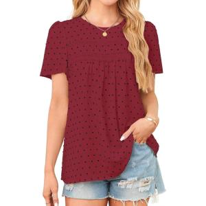 imageWomens Summer Tops Crewneck Short Sleeve Shirts Casual Chiffon Blouses Flowy Lace Hem Boho Clothing Trendy 2026Redblack Dots
