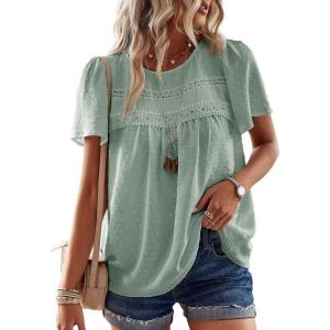 imageWomens Summer Tops Crewneck Short Sleeve Shirts Casual Chiffon Blouses Flowy Lace Hem Boho Clothing Trendy 2026Sage Green