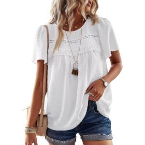 imageWomens Summer Tops Crewneck Short Sleeve Shirts Casual Chiffon Blouses Flowy Lace Hem Boho Clothing Trendy 2026White