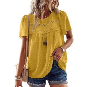 imageWomens Summer Tops Crewneck Short Sleeve Shirts Casual Chiffon Blouses Flowy Lace Hem Boho Clothing Trendy 2026Yellow