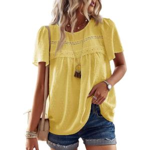 imageWomens Summer Tops Crewneck Short Sleeve Shirts Casual Chiffon Blouses Flowy Lace Hem Boho Clothing Trendy 2026Yellow1