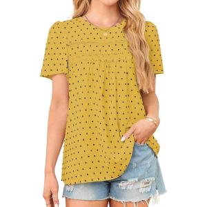 imageWomens Summer Tops Crewneck Short Sleeve Shirts Casual Chiffon Blouses Flowy Lace Hem Boho Clothing Trendy 2026Yellowblack Dots