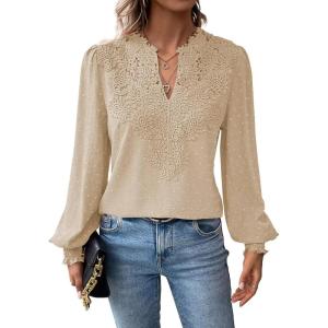 imageWomens Tops Swiss Dot Boho Long Sleeve Shirts V Neck Casual Chiffon Blouses Flowy Lace Hem Cute Clothing Trendy 2026Apricot