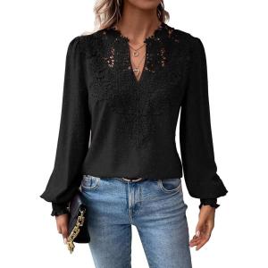 imageWomens Tops Swiss Dot Boho Long Sleeve Shirts V Neck Casual Chiffon Blouses Flowy Lace Hem Cute Clothing Trendy 2026Black