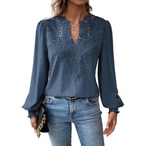 imageWomens Tops Swiss Dot Boho Long Sleeve Shirts V Neck Casual Chiffon Blouses Flowy Lace Hem Cute Clothing Trendy 2026Blue