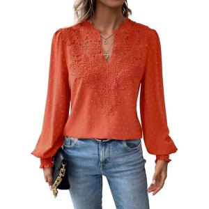 imageWomens Tops Swiss Dot Boho Long Sleeve Shirts V Neck Casual Chiffon Blouses Flowy Lace Hem Cute Clothing Trendy 2026Bright Orange