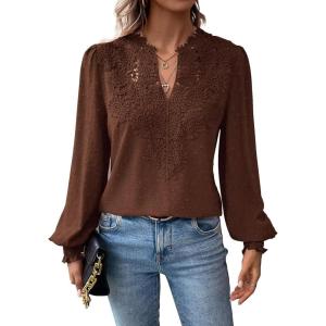 imageWomens Tops Swiss Dot Boho Long Sleeve Shirts V Neck Casual Chiffon Blouses Flowy Lace Hem Cute Clothing Trendy 2026Brown