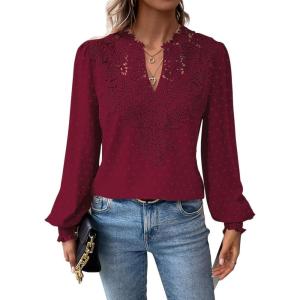 imageWomens Tops Swiss Dot Boho Long Sleeve Shirts V Neck Casual Chiffon Blouses Flowy Lace Hem Cute Clothing Trendy 2026Burgundy