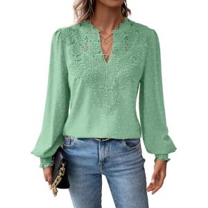 imageWomens Tops Swiss Dot Boho Long Sleeve Shirts V Neck Casual Chiffon Blouses Flowy Lace Hem Cute Clothing Trendy 2026Cyan