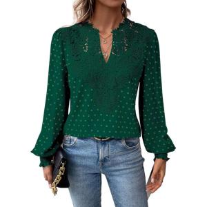 imageWomens Tops Swiss Dot Boho Long Sleeve Shirts V Neck Casual Chiffon Blouses Flowy Lace Hem Cute Clothing Trendy 2026Dark Green