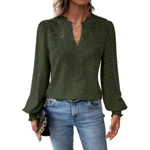 imageWomens Tops Swiss Dot Boho Long Sleeve Shirts V Neck Casual Chiffon Blouses Flowy Lace Hem Cute Clothing Trendy 2026Green1