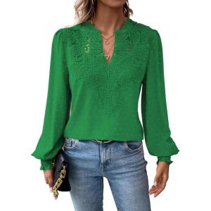 imageWomens Tops Swiss Dot Boho Long Sleeve Shirts V Neck Casual Chiffon Blouses Flowy Lace Hem Cute Clothing Trendy 2026Kelly Green