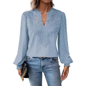 imageWomens Tops Swiss Dot Boho Long Sleeve Shirts V Neck Casual Chiffon Blouses Flowy Lace Hem Cute Clothing Trendy 2026Light Blue