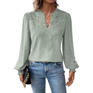 imageWomens Tops Swiss Dot Boho Long Sleeve Shirts V Neck Casual Chiffon Blouses Flowy Lace Hem Cute Clothing Trendy 2026Light Green