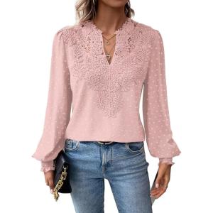 imageWomens Tops Swiss Dot Boho Long Sleeve Shirts V Neck Casual Chiffon Blouses Flowy Lace Hem Cute Clothing Trendy 2026Light Pink