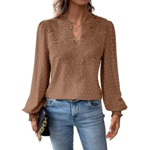 imageWomens Tops Swiss Dot Boho Long Sleeve Shirts V Neck Casual Chiffon Blouses Flowy Lace Hem Cute Clothing Trendy 2026Mocha