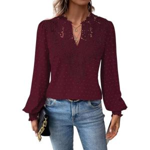 imageWomens Tops Swiss Dot Boho Long Sleeve Shirts V Neck Casual Chiffon Blouses Flowy Lace Hem Cute Clothing Trendy 2026Mulberry