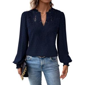 imageWomens Tops Swiss Dot Boho Long Sleeve Shirts V Neck Casual Chiffon Blouses Flowy Lace Hem Cute Clothing Trendy 2026Navy Blue