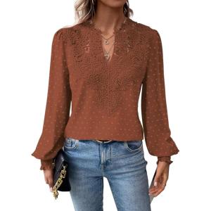imageWomens Tops Swiss Dot Boho Long Sleeve Shirts V Neck Casual Chiffon Blouses Flowy Lace Hem Cute Clothing Trendy 2026Orange
