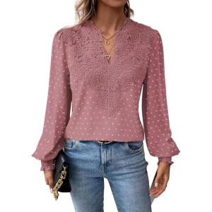 imageWomens Tops Swiss Dot Boho Long Sleeve Shirts V Neck Casual Chiffon Blouses Flowy Lace Hem Cute Clothing Trendy 2026Pink
