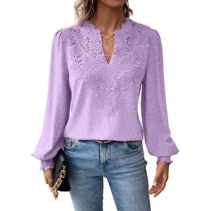 imageWomens Tops Swiss Dot Boho Long Sleeve Shirts V Neck Casual Chiffon Blouses Flowy Lace Hem Cute Clothing Trendy 2026Purple