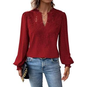 imageWomens Tops Swiss Dot Boho Long Sleeve Shirts V Neck Casual Chiffon Blouses Flowy Lace Hem Cute Clothing Trendy 2026Red