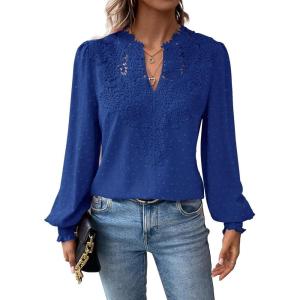 imageWomens Tops Swiss Dot Boho Long Sleeve Shirts V Neck Casual Chiffon Blouses Flowy Lace Hem Cute Clothing Trendy 2026Royal Blue
